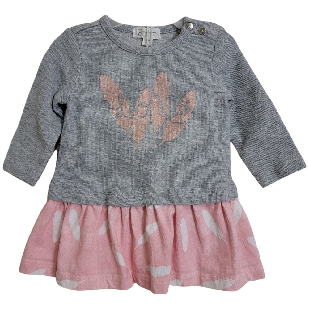 Jessica Simpson Gray Pink Boho Feather Love Dress and Diaper Cover Set 6/9M